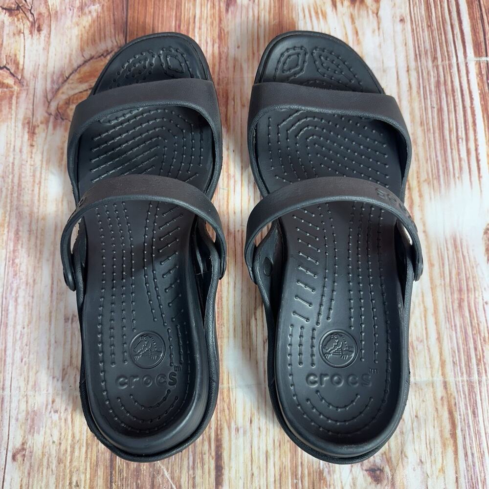 Crocs CLEO Size 9 Black Double Two Strap Sandals Slides Flats Open Toe Shoes - Picture 6 of 11